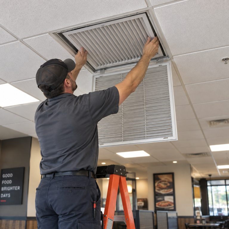 Preventative Care Man adjusting a wall-mounted air conditioning unit indoors.