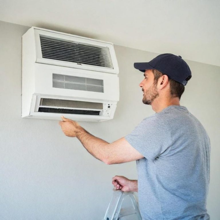 Preventative Care Man adjusting a wall-mounted air conditioning unit indoors.